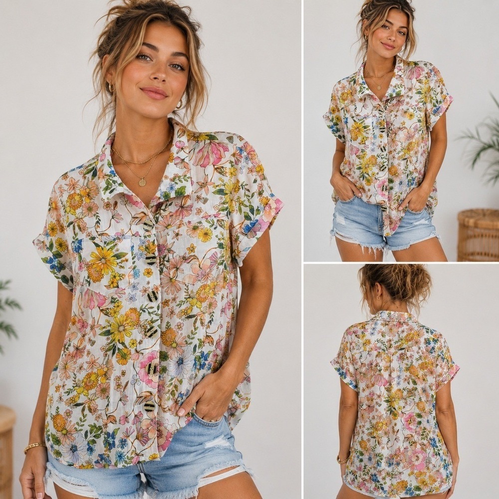 John Mark Floral Button Front Blouse Short Sleeve Multi Color Grandma Core PM